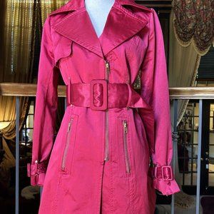 Rampage Burgundy Satin Trench Belt Notch-Lapels Zip Front Sleeves Size M